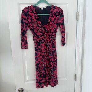 Boden Wrap Dress Floral‎ Print Pink Navy Blue Jersey Knit Midi Size 4
